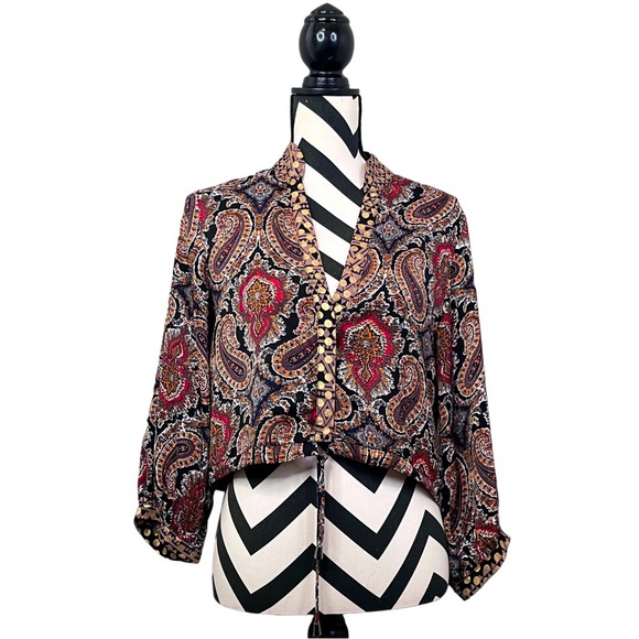 Bohemian Ecletic Paisley Print Gold Sz S Cropped Blouse - Picture 1 of 10